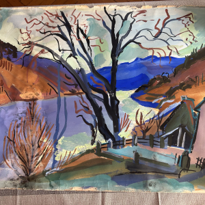 Peinture signée en bas par l'artiste Pierre AMBROGIANI représentant un arbre et un paysage