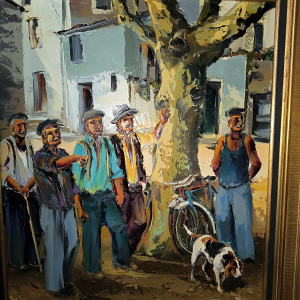 Tableau signé Jequel, scène villageoise à l'huile