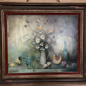 Tableau de Guy Seradour, fleurs et fruits, cadre bois 92x80