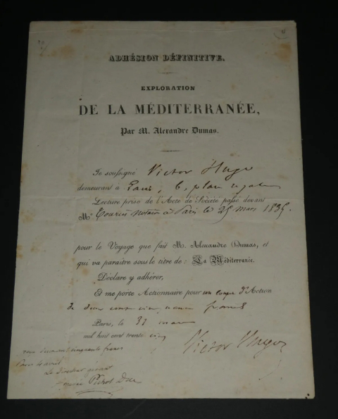 
															Victor Hugo. Bulletin de souscription au voyage d'Alexandre Dumas. Le 31 Mars 1835
														
