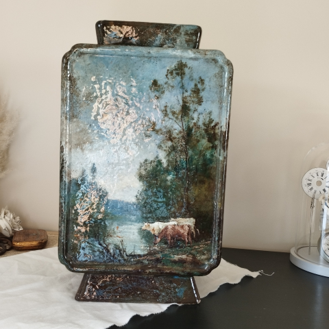 
															grand vase faience decor impressionniste signé DG et Merlot
														