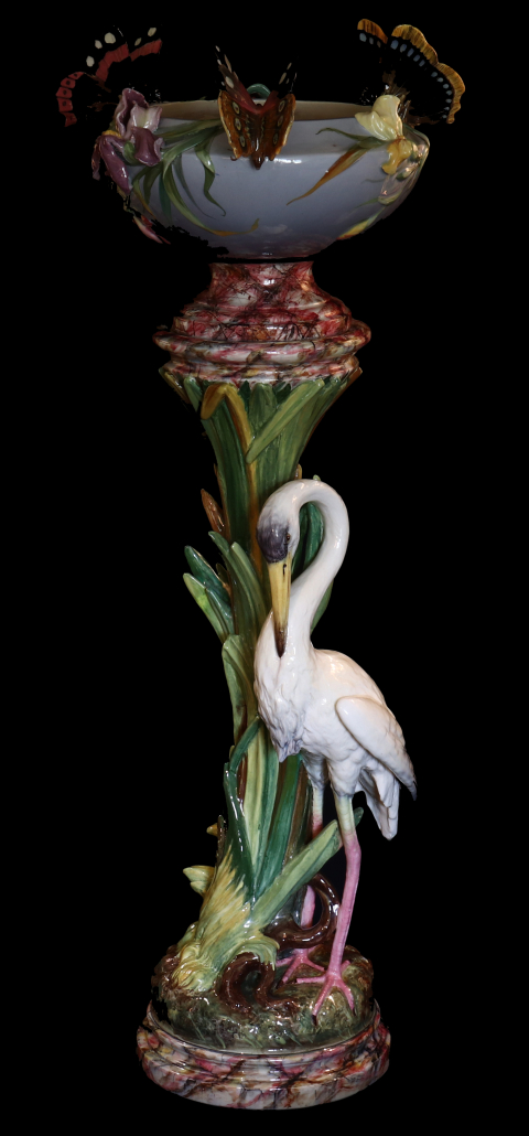 
															colonne cigogne et cache pot signés Delphin Massier
														