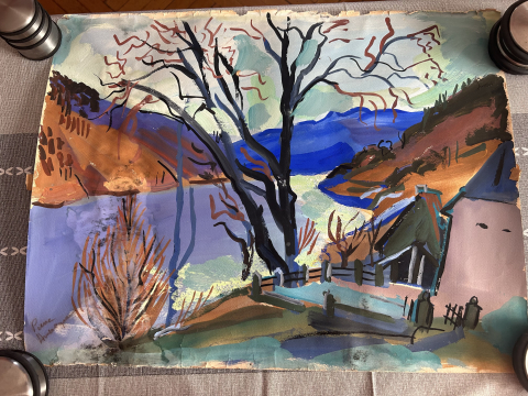 
															Peinture signée en bas par l'artiste Pierre AMBROGIANI représentant un arbre et un paysage
														