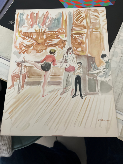 
															Aquarelle sur papier signée Yves Brayer, scène de danse
														