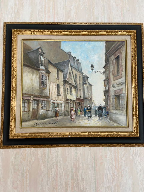 
															Tableau huile sur toile rue ancienne et passants
														