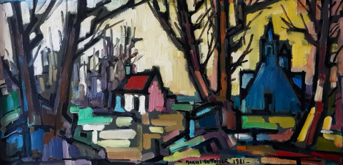 
															Toile signée Marcel Le Toiser intitulée Argoat Composition 1981
														