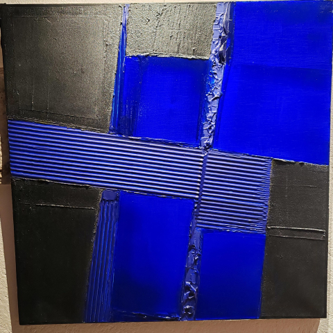 
															Tableau abstrait bleu et noir de Jacques Pouchain 80x80
														