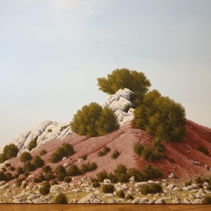 Hubert Munier : Peinture sur toile "les trois buissons sur le cône de terre" 1985 (190x140x4)