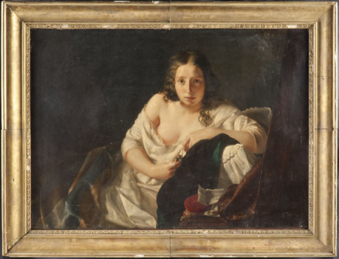 
															Femme éveillée à la lettre de l’absent, huile sur toile, de Gerolamo INDUNO 13 Décembre 1852 – 18 décembre 1890
														