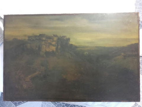 
															Le Château D'Ornans  signé G. Courbet en rouge à dr en bas
														