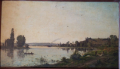 
															Estimation d'un tableau de H C Delpy sur panneau (40.5cm x 71 cm) repréentant un paysage de seine
														